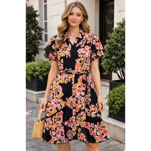 DYVNA NEW Silk Floral Tiered Shirt Dress Pink Black Ruffle Sleeve Belted Size 16